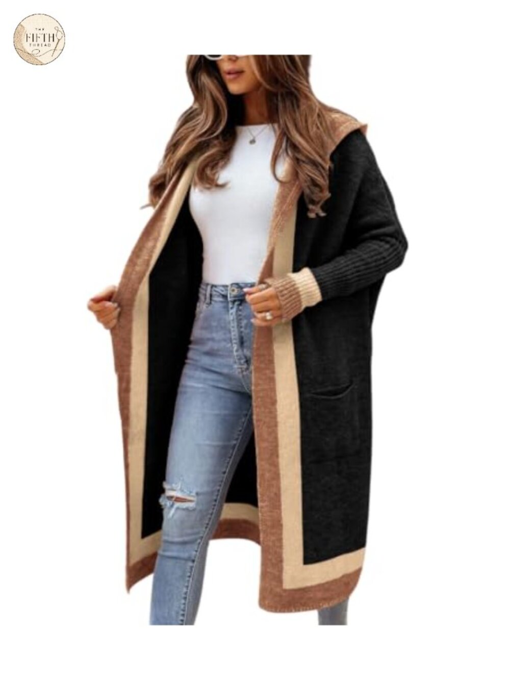 Oversized Hooded Open Front Striped Long Cardigan Sweater Pockets
